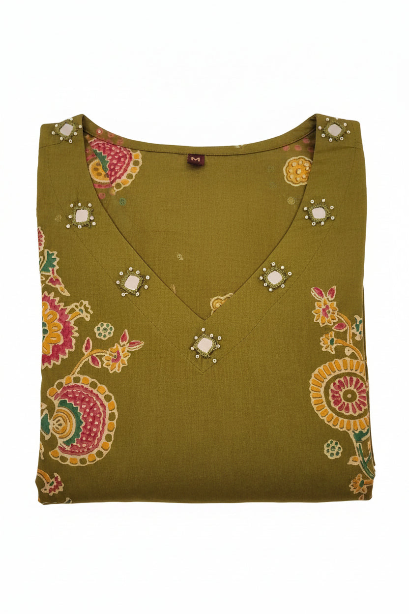 Elegant Olive Green Floral Printed Kurta Pant & Dupatta Set for Women