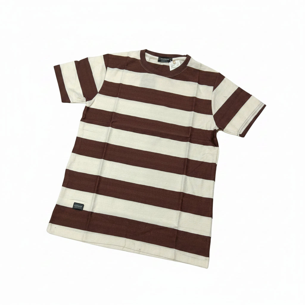 Men's Brown & Off-White Striped Casual T-Shirt