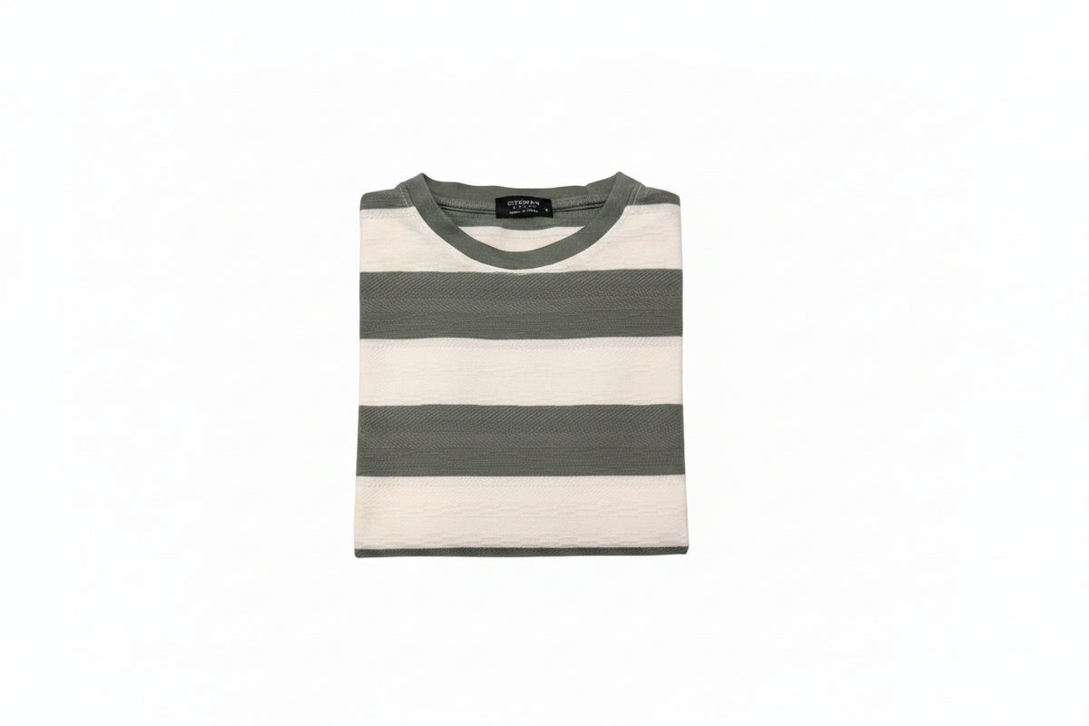 Men's Olive Green & Off-White Striped Round Neck T-Shirt