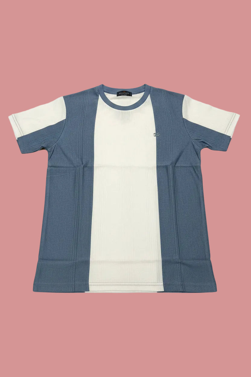 Men's Blue & White Color Block Crew Neck T-Shirt
