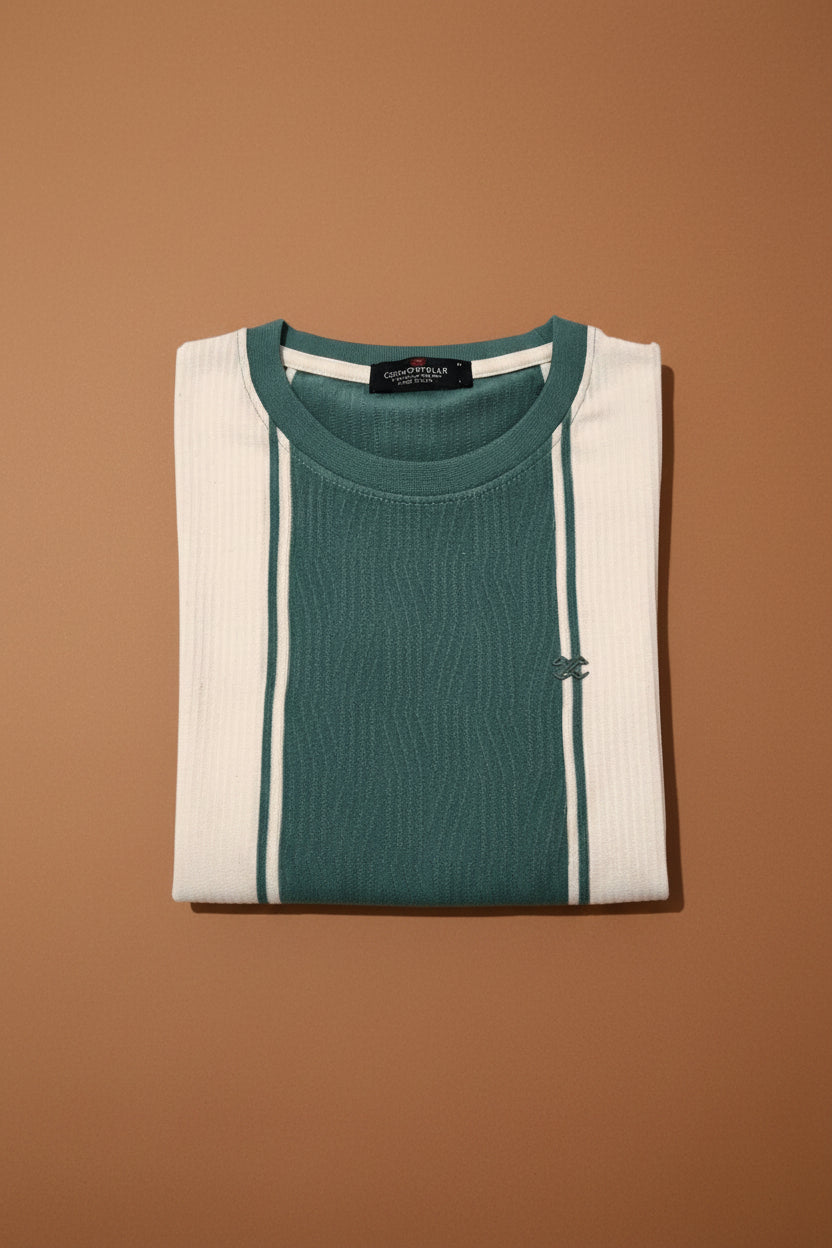 Cosmostelar Men's Teal & White Vertical Stripe Textured T-Shirt