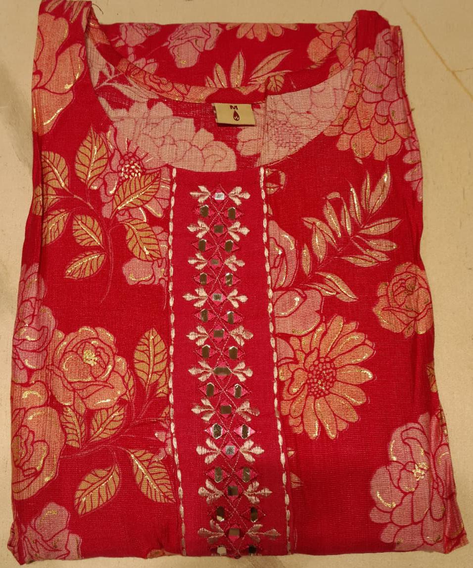 Rani Pink Floral Printed Kurta Pant & Dupatta Set