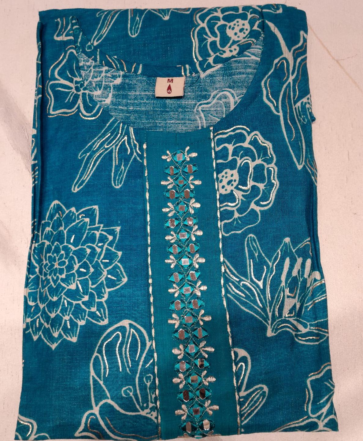 Teal Blue Floral Printed Kurta Pant & Dupatta Set