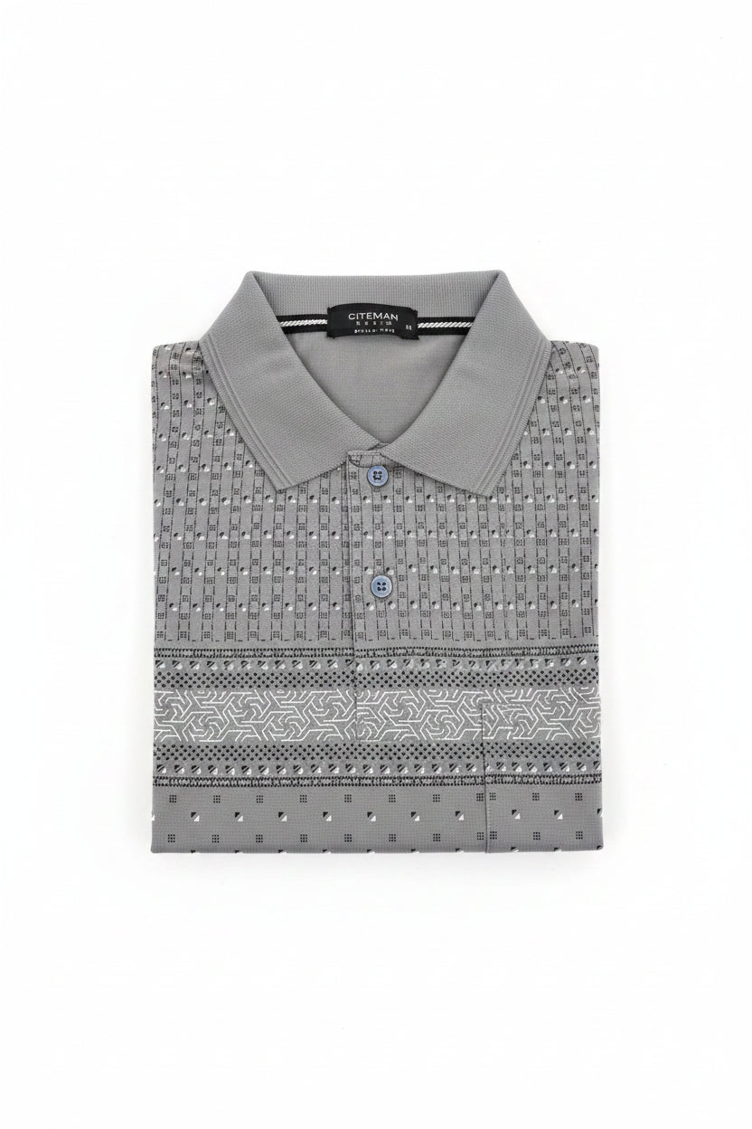 Men's Slate Grey Geometric Printed Polo T-Shirt