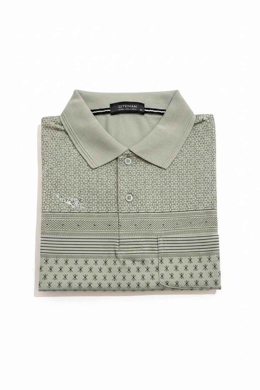 Men's Camel Beige Geometric Printed Polo T-Shirt