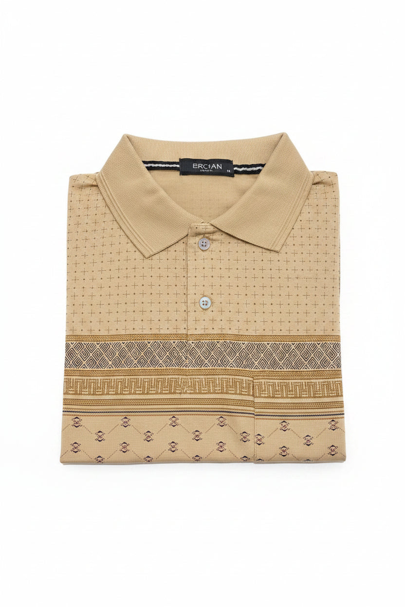 Men's Camel Beige Geometric Printed Polo T-Shirt