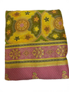 Mustard Yellow & Olive Printed Saree with Pink Woven Border