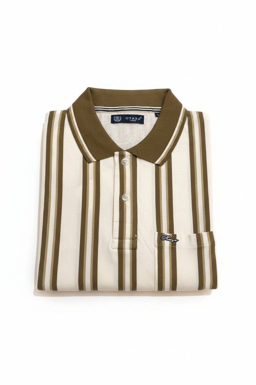 Men's Cream & Olive Vertical Stripe Polo T-Shirt |