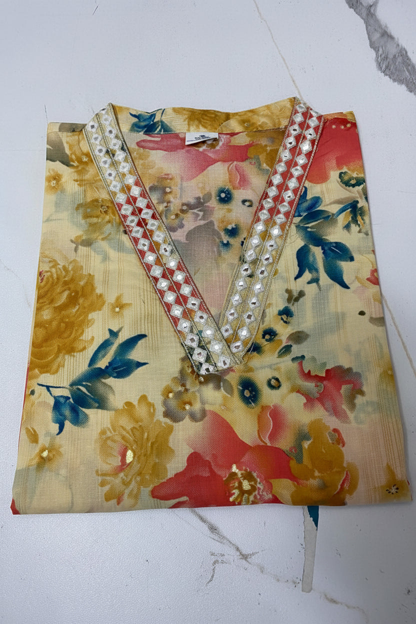 Women's Cream Floral Printed Straight Kurti with Embellished V-Neck