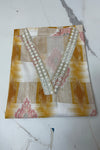Women's Mustard Yellow & Off-White Printed Straight Kurti with Embroidered V-Neck