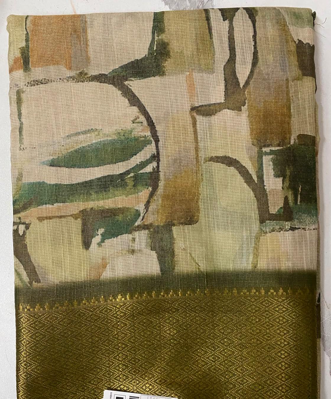 Elegant Olive Green Soft Silk Saree with Artistic Print & Rich Woven Border