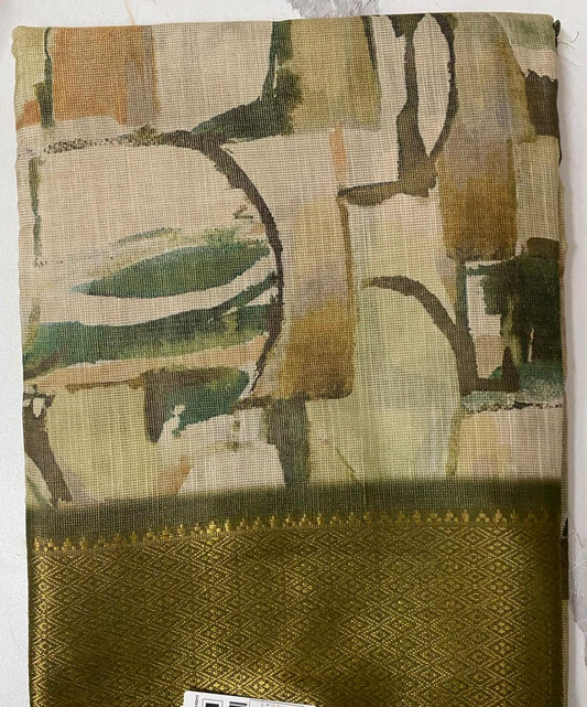 Elegant Olive Green Soft Silk Saree with Artistic Print & Rich Woven Border
