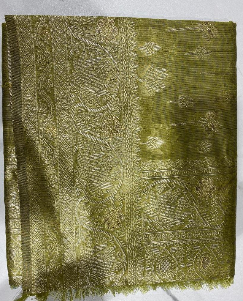 Olive Green Woven Saree with Elegant Zari Floral Motifs & Rich Pallu