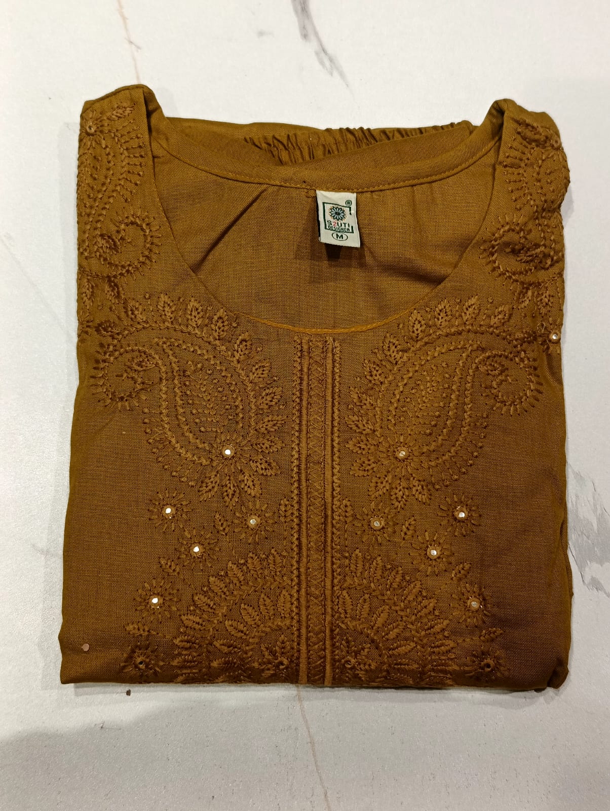 Elegant Brown Embroidered Kurti Pant Set for Women | 3/4 Sleeve