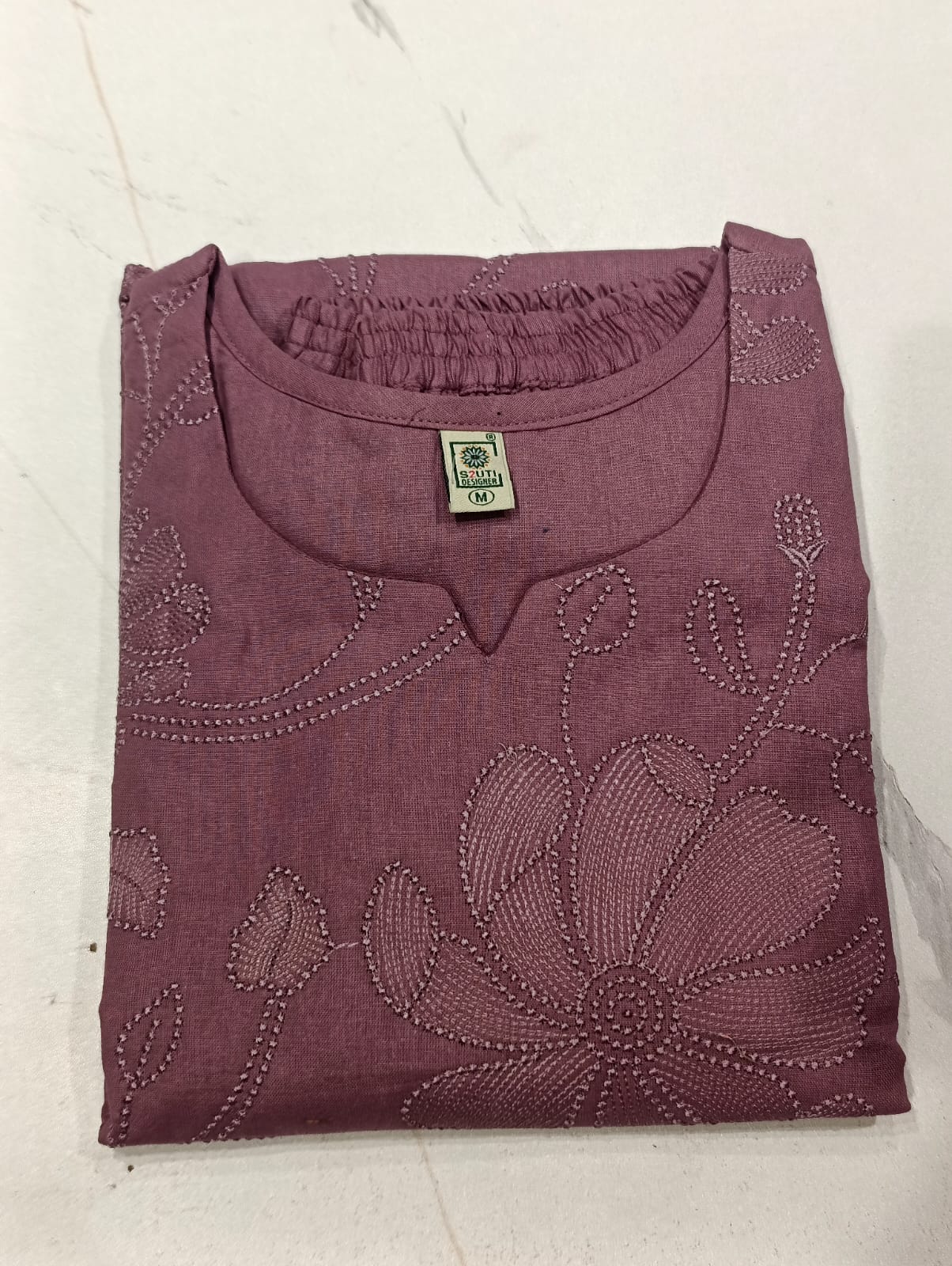 Women's Mauve Floral Embroidered Kurti Pant Co-ord Set