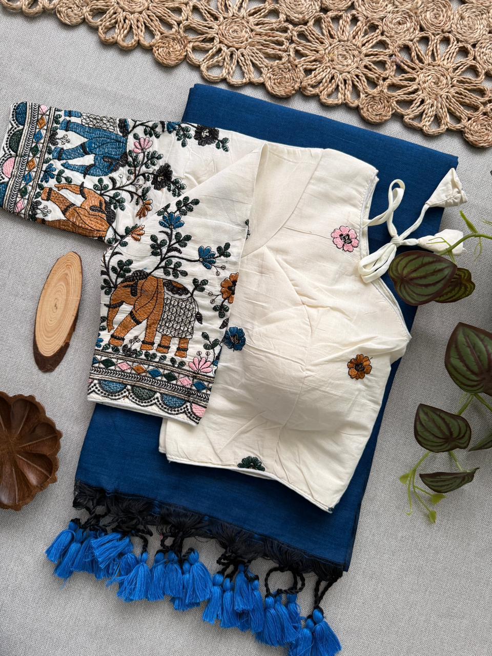 Royal Blue Linen Blend Saree with Handcrafted Tassel Pallu & Designer Embroidered Blouse