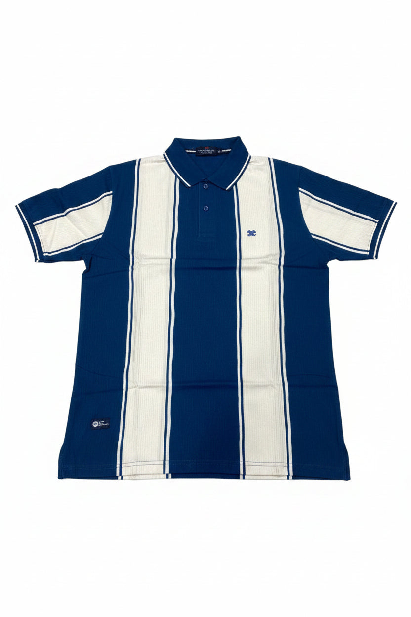 Title: Men’s Navy Blue & White Vertical Striped Polo T-Shirt