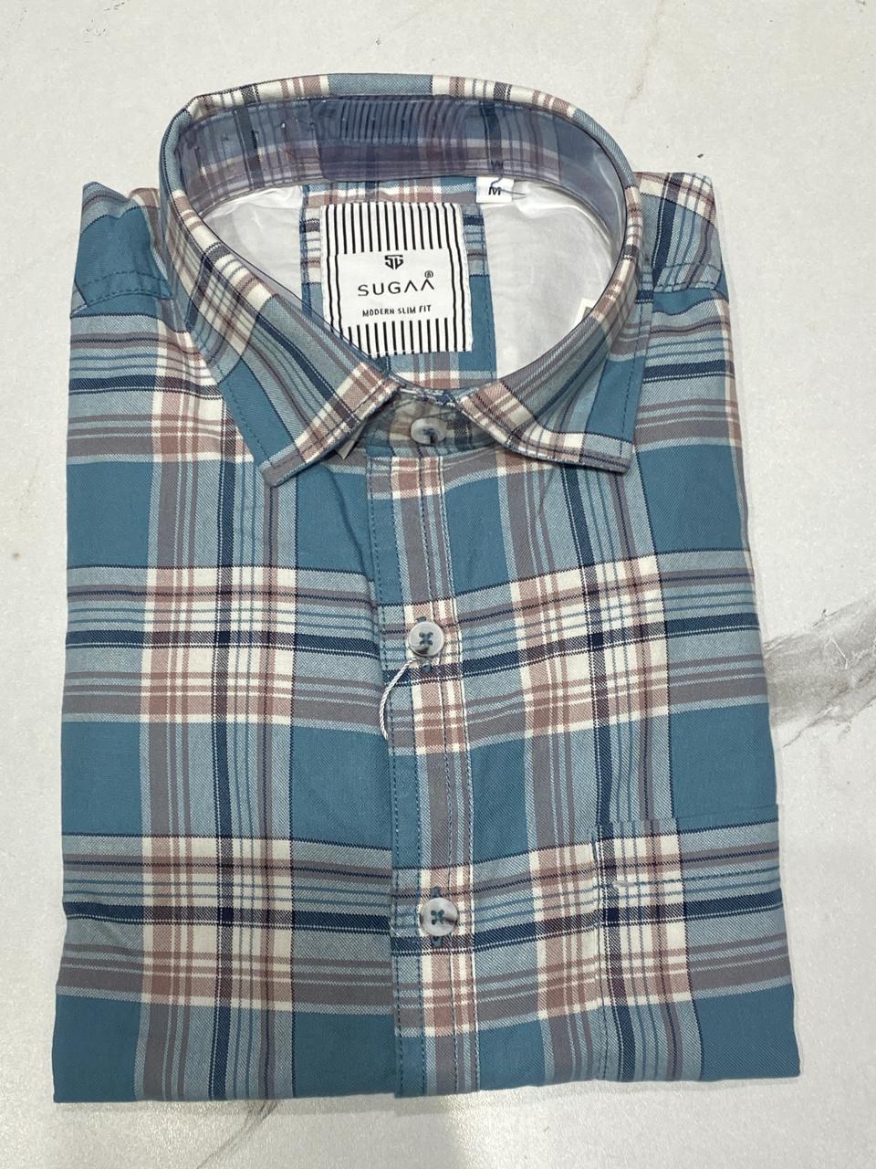 Classic Teal Blue Checkered Casual Shirt