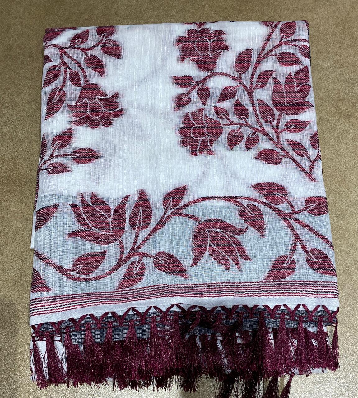 Title: Elegant White & Magenta Floral Print Saree