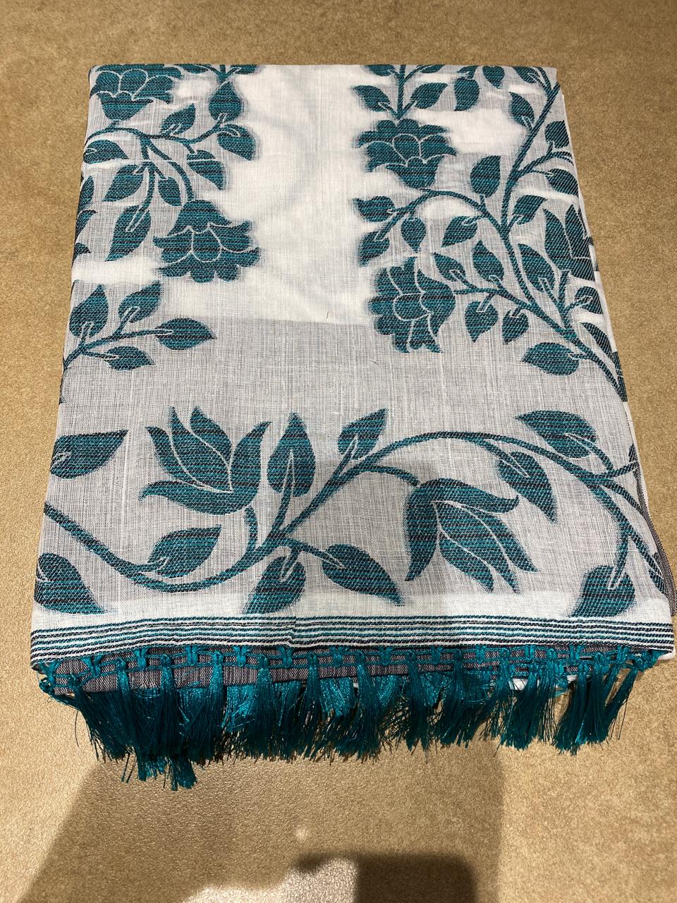 Title: Elegant Ivory & Teal Blue Floral Print Saree