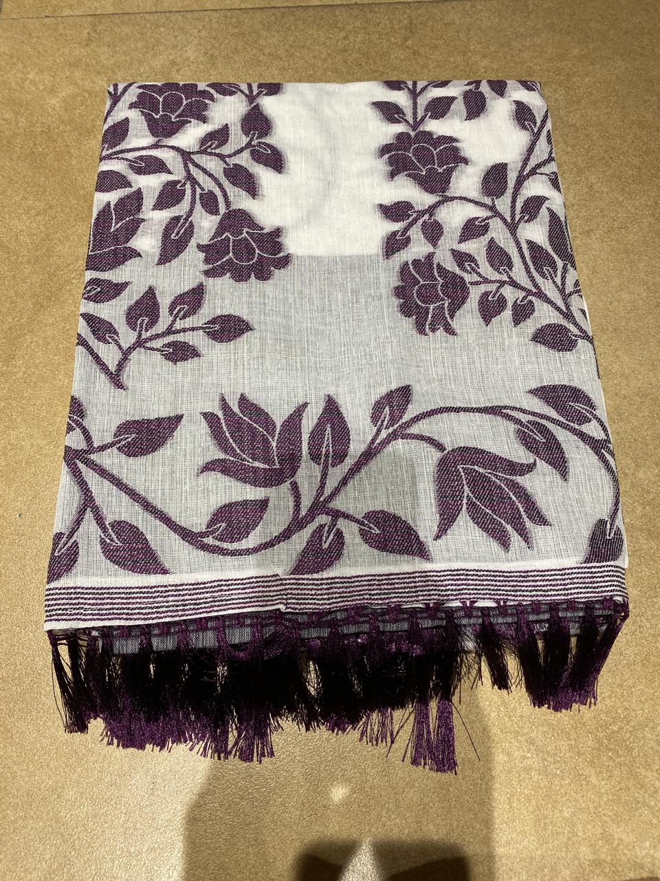 Title: Ivory White Purple Floral Print Saree