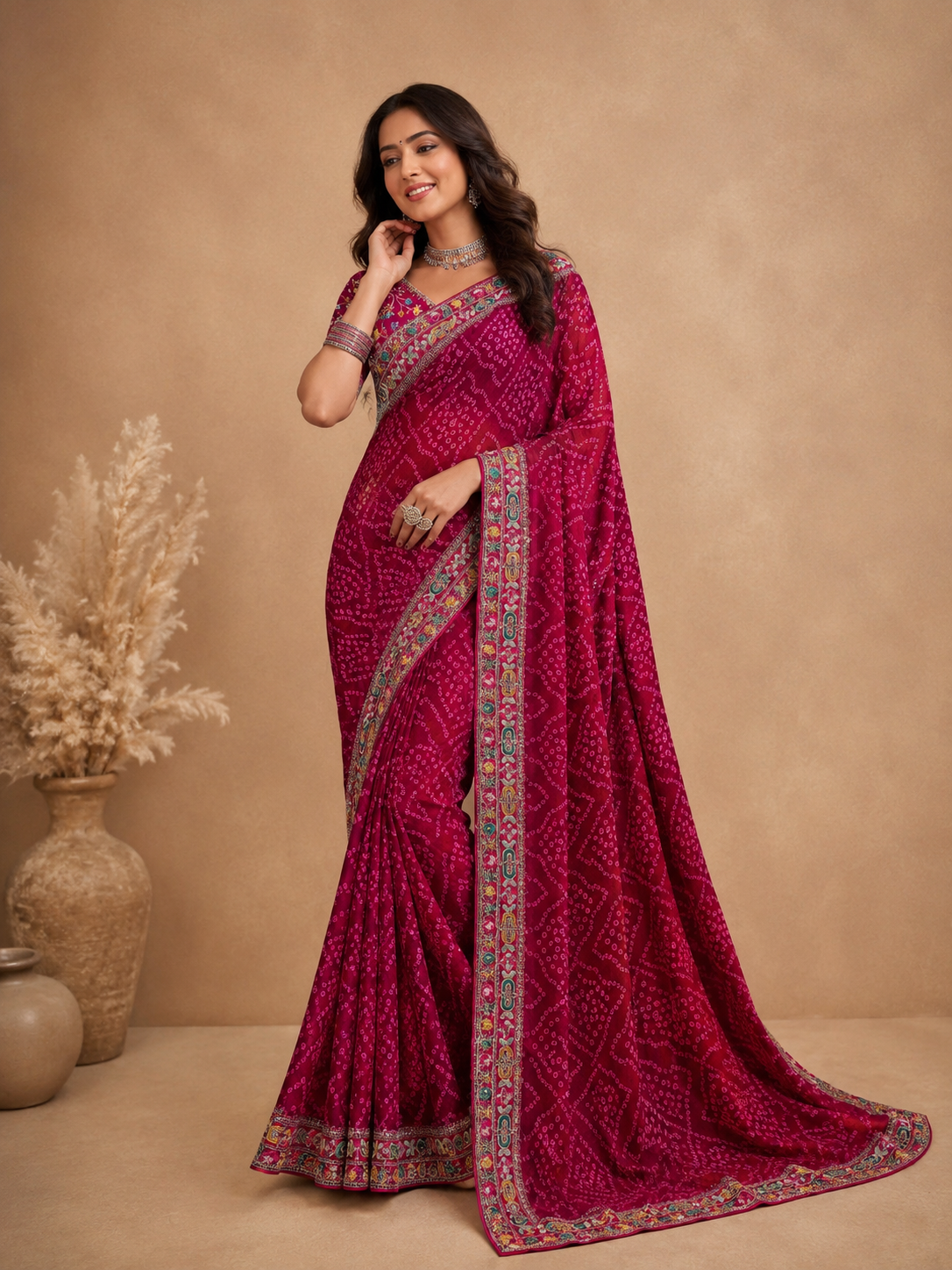 Women's  Bandhani Printed Saree with Designer Border