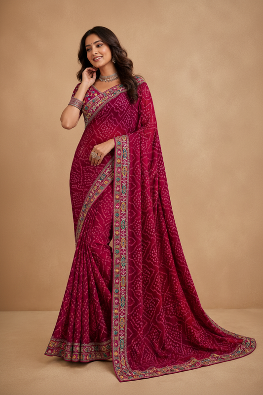 Women's  Bandhani Printed Saree with Designer Border