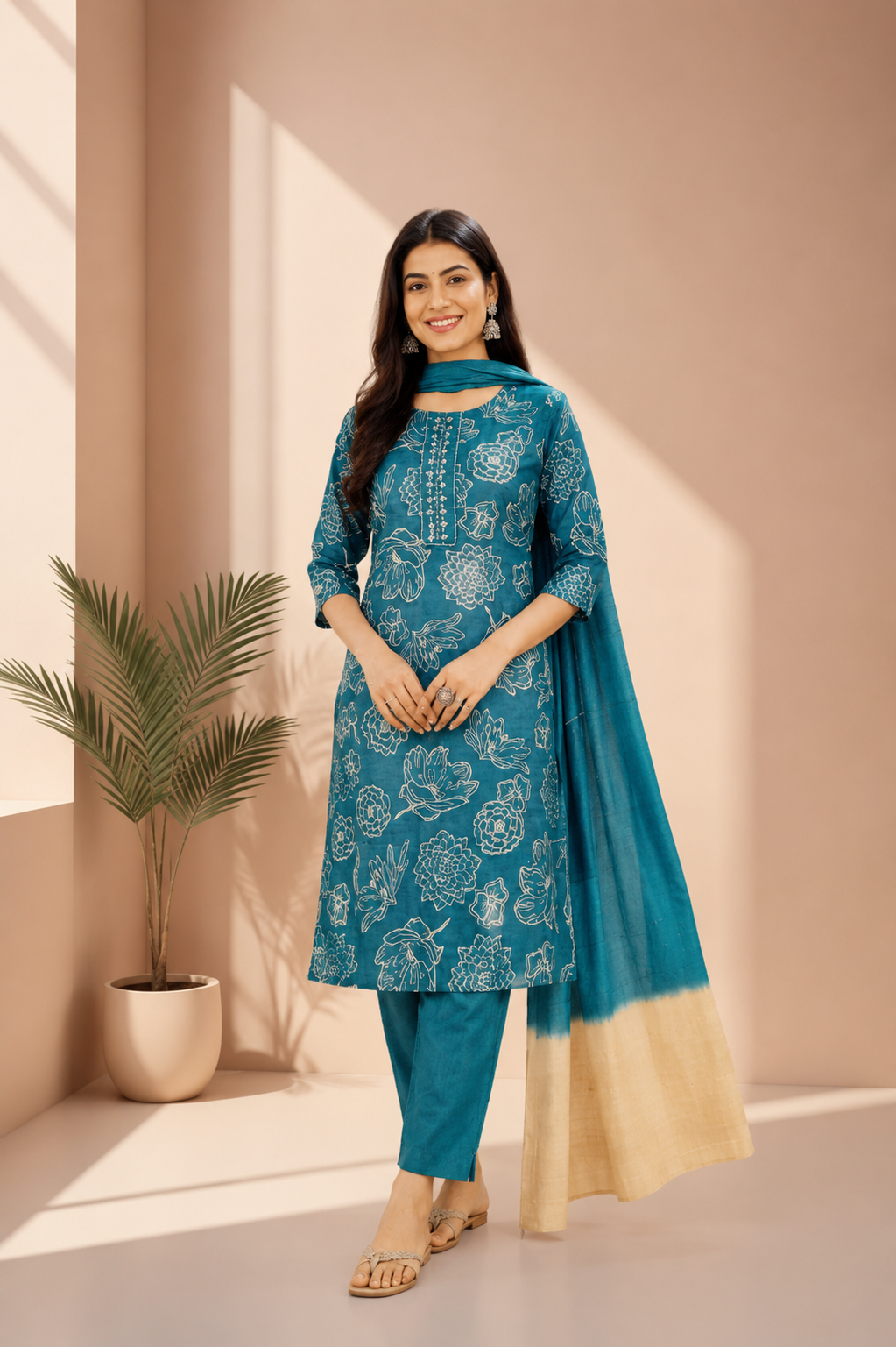 Teal Blue Floral Printed Kurta Pant & Dupatta Set