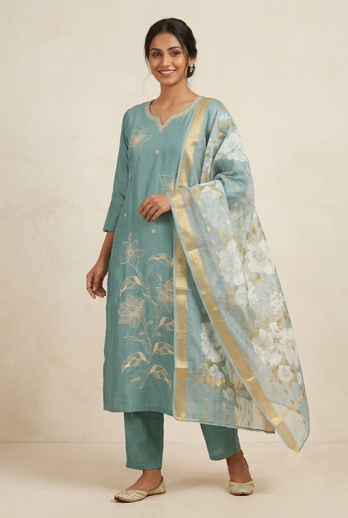 Floral Embroidered Kurta Pant Dupatta Set