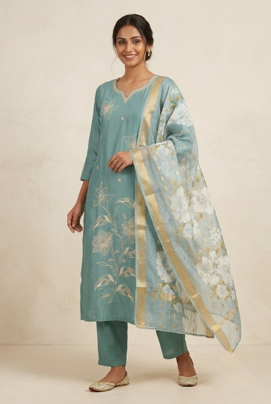 Floral Embroidered Kurta Pant Dupatta Set