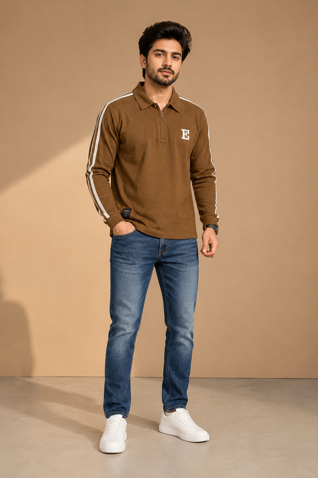 Men’s Brown Half-Zip T-Shirt with Contrast Sleeve Stripe