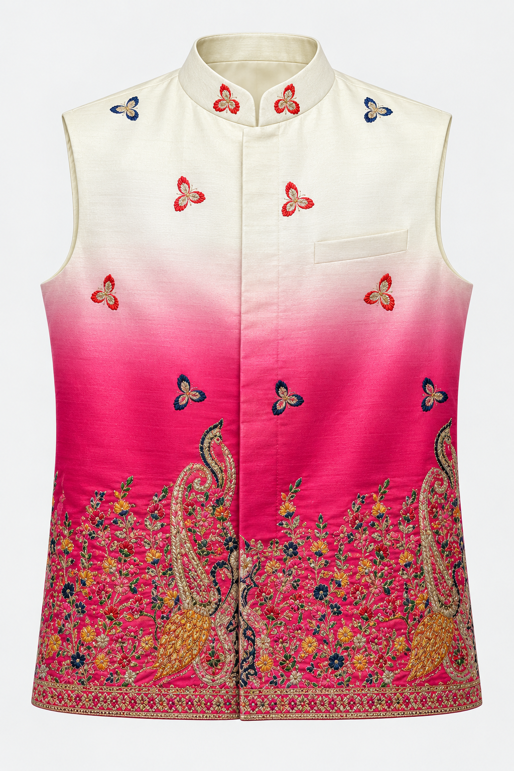 Ivory to Rani Pink Peacock Embroidered Modi Jacket
