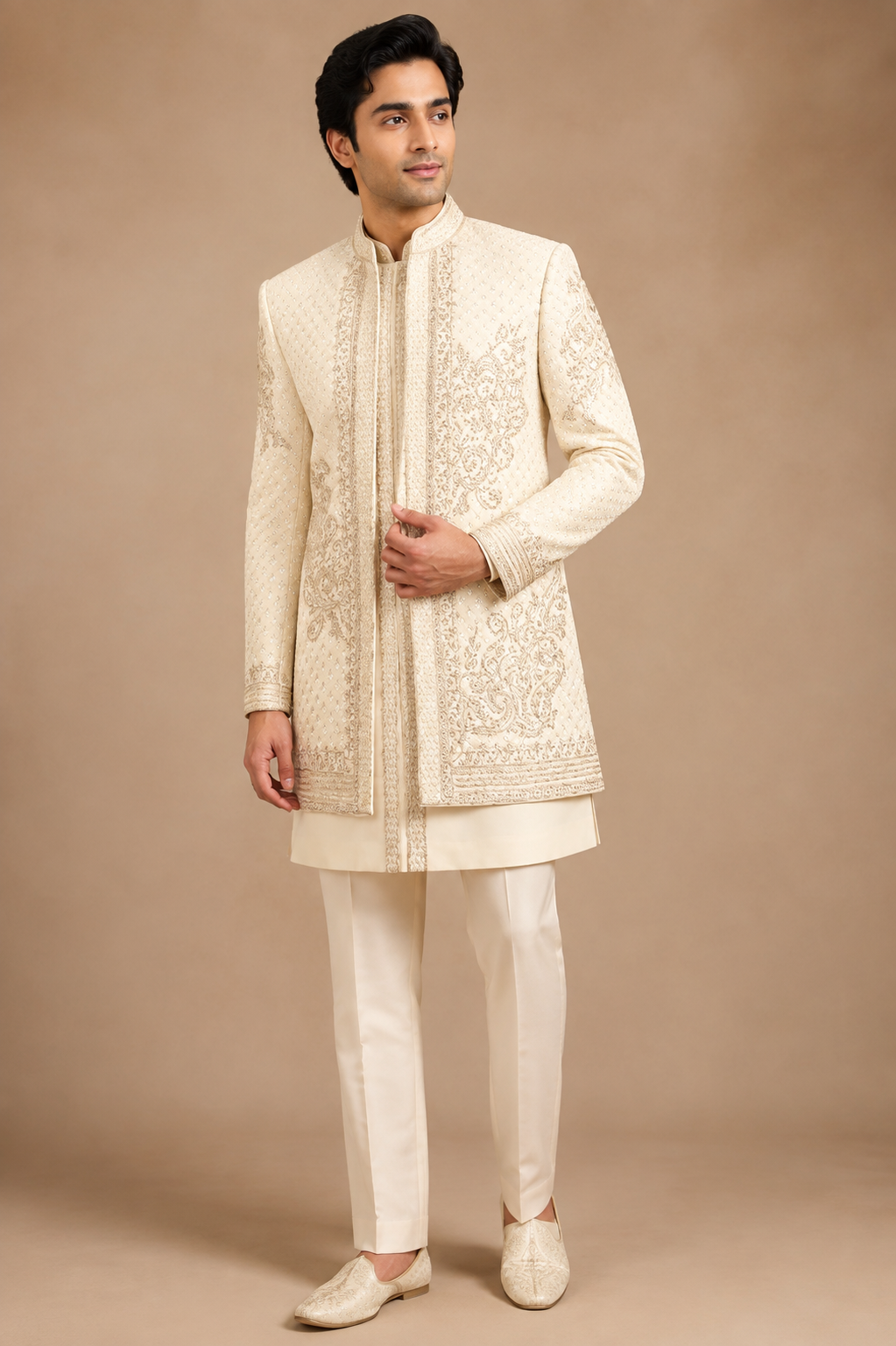 Ivory Embroidered Indo-Western Sherwani Set