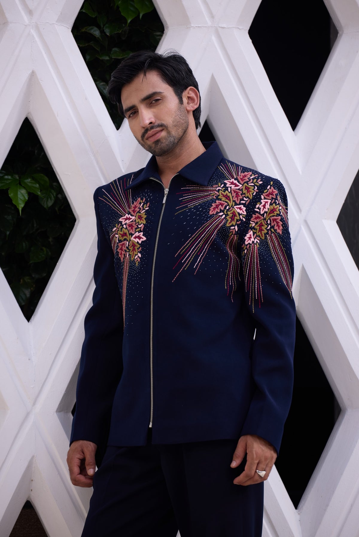 Navy Blue Embroidered Statement Jacket