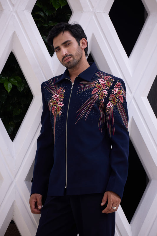 Navy Blue Embroidered Statement Jacket