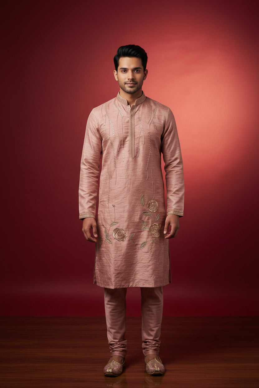 Men’s Rose Pink Embroidered Silk Kurta
