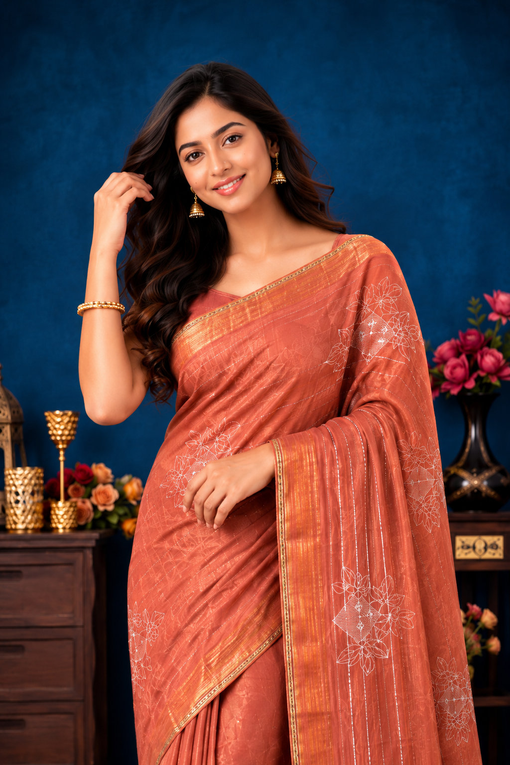 Elegant Rust Orange Floral Designer Saree with Golden Border