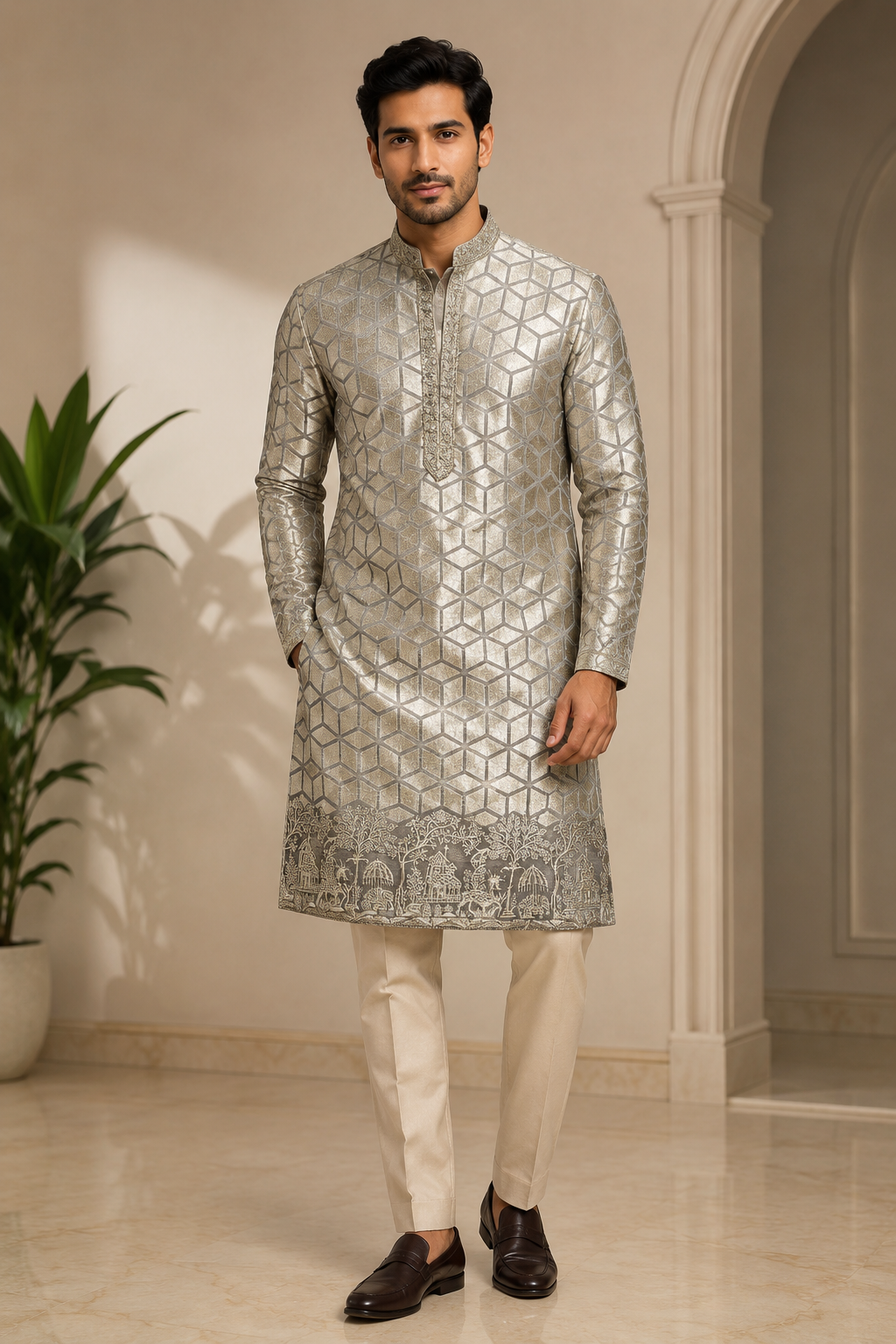 Silver Grey Geometric Embroidered Festive Kurta Set