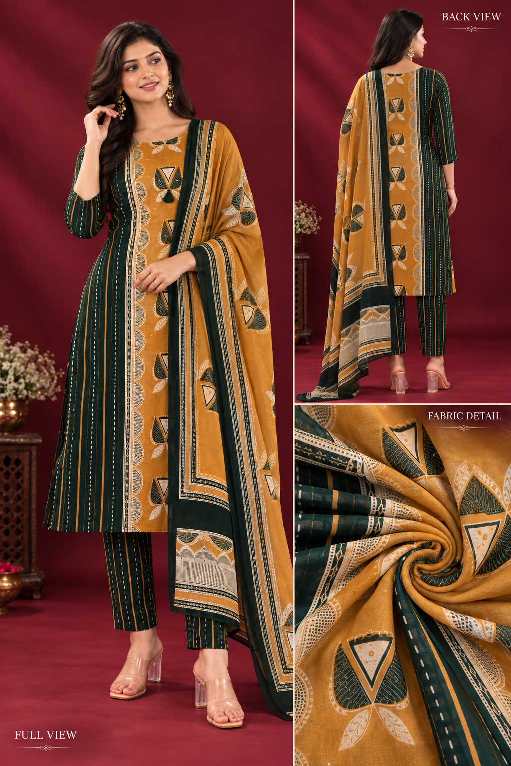 Mustard & Bottle Green Printed Kurta Set with Dupatta