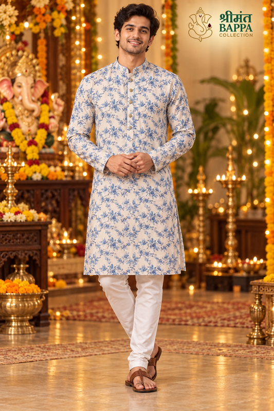 Men's Off-White and Blue Floral Print Long Sleeve Kurta