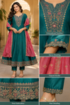 Elegant Teal Embroidered Anarkali Suit Set with Pink Dupatta