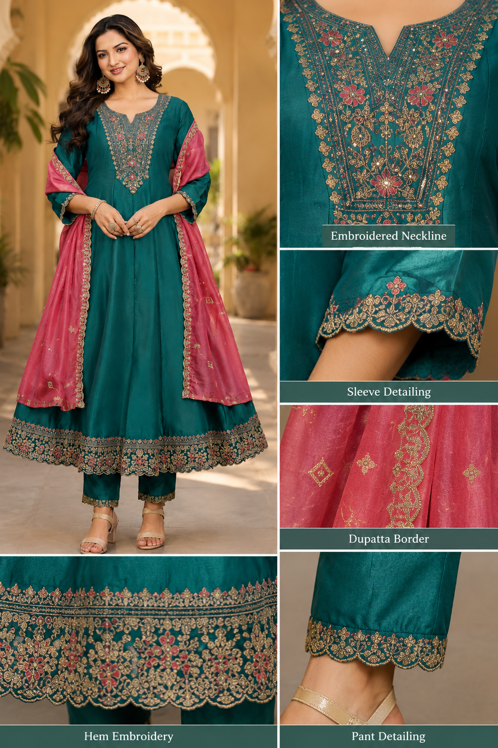 Elegant Teal Embroidered Anarkali Suit Set with Pink Dupatta