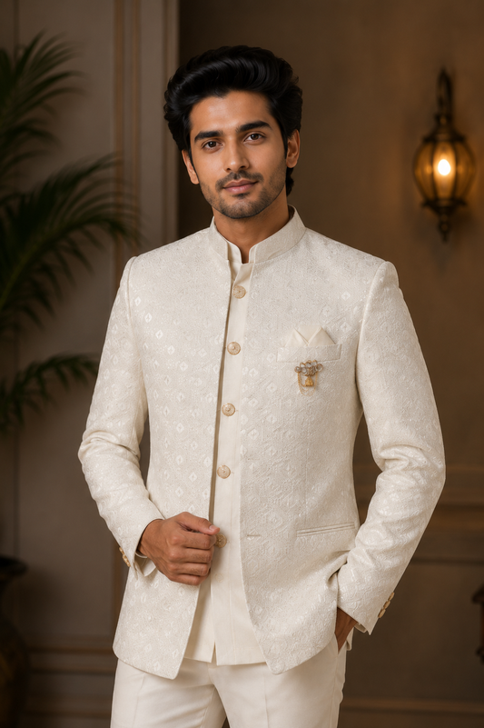 Men's Premium Ivory Jacquard Jodhpuri Suit with Jacket