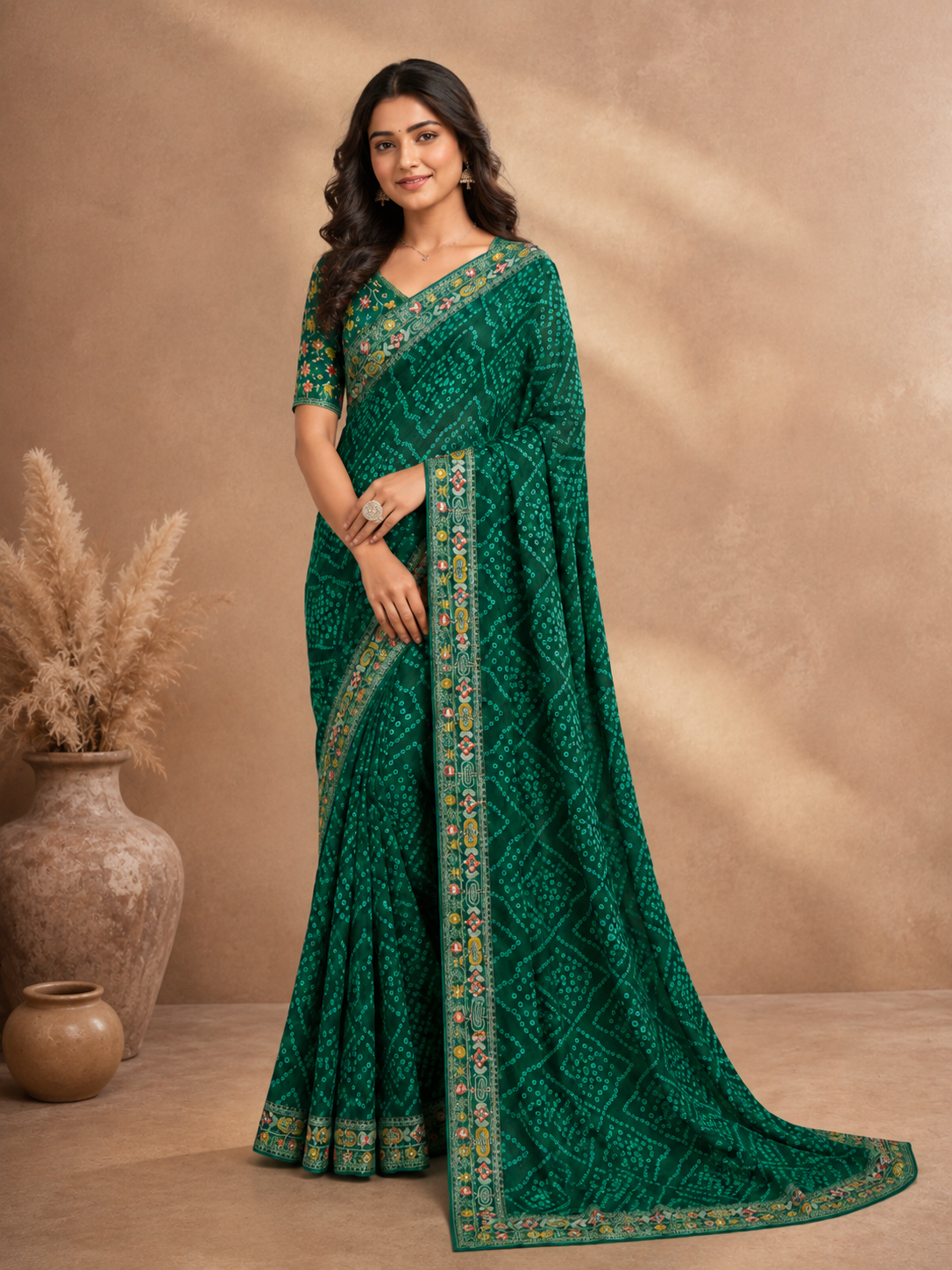 Women's  Bandhani Printed Saree with Designer Border