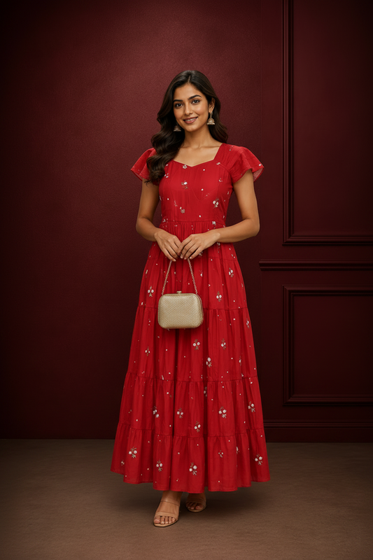 Scarlet Bloom Embroidered Tiered Maxi Dress