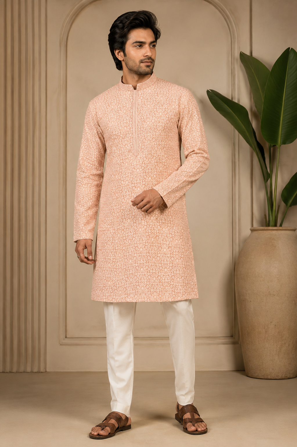 Peach Elegance Textured Kurta for Men