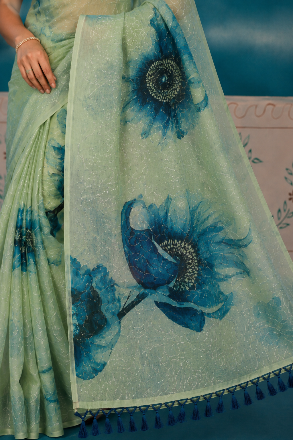 Mint Green Floral Organza Embroidery Saree
