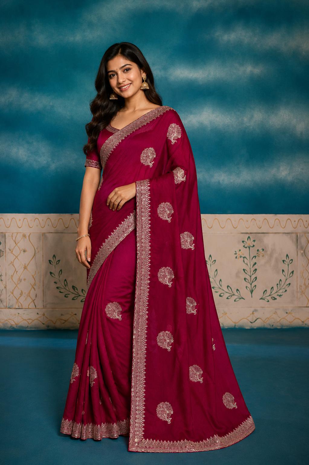 Elegant  Embroidered Saree with Intricate Silver Zari Border