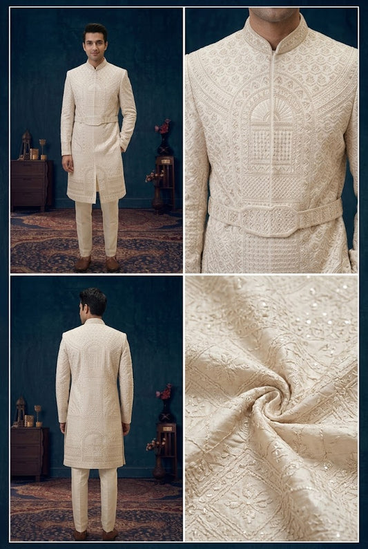 Ivory Belted Embroidered Sherwani
