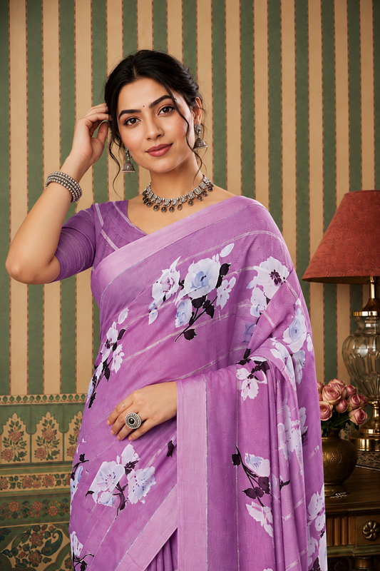 Lavender Bloom Floral Printed Saree – Soft Elegance for Every Occasion